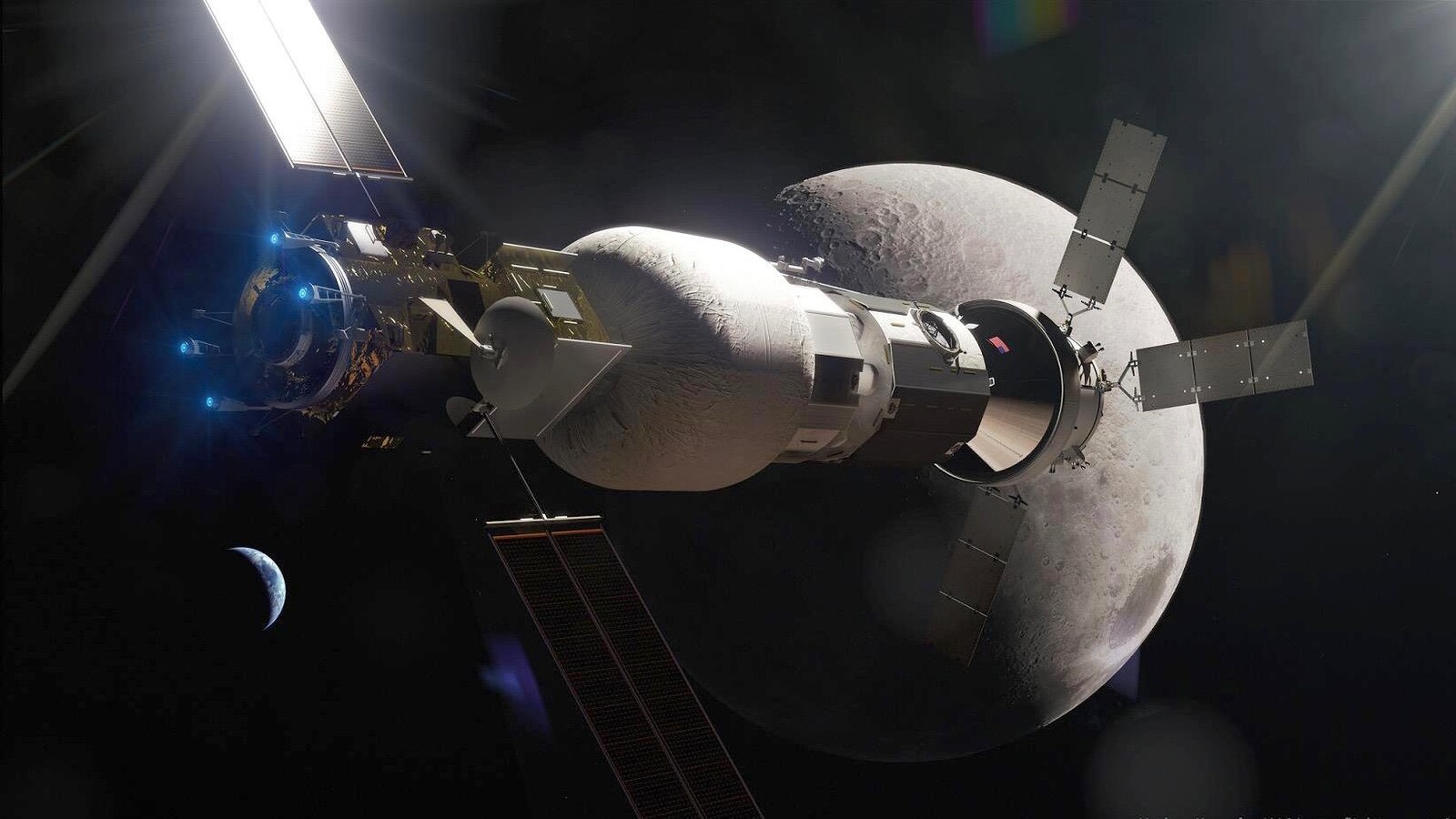Une image du concept de poste avancé lunaire du projet Lunar Gateway de la NASA