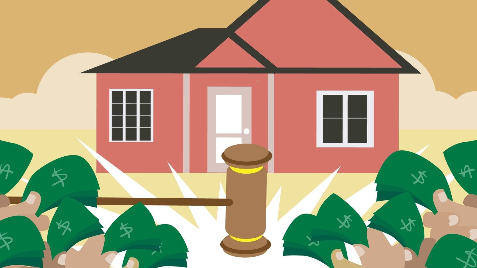 Illustration d'une demeure derrière des billets de banque et un maillet de justice.