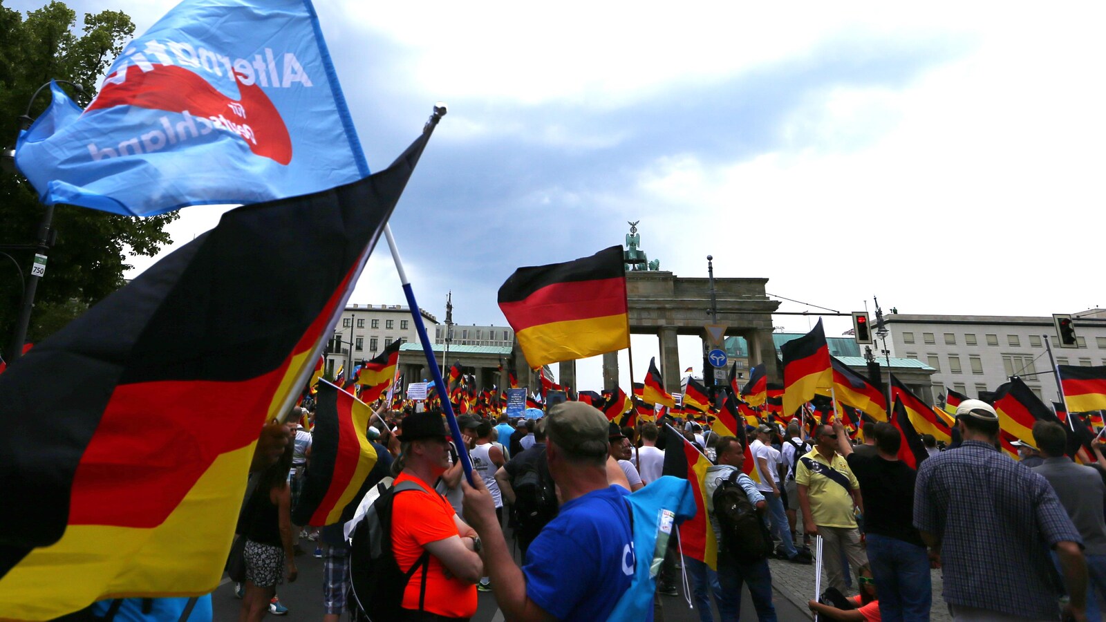 Des manifestants du parti anti-immigration Alternative pour l'Allemagne brandissant des drapeaux allemands.
