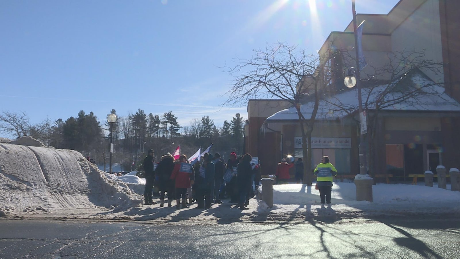 Quelques dizaines de manifestants, drapeaux et pancartes à la main, devant les bureaux de la député Marie-France Lalonde.