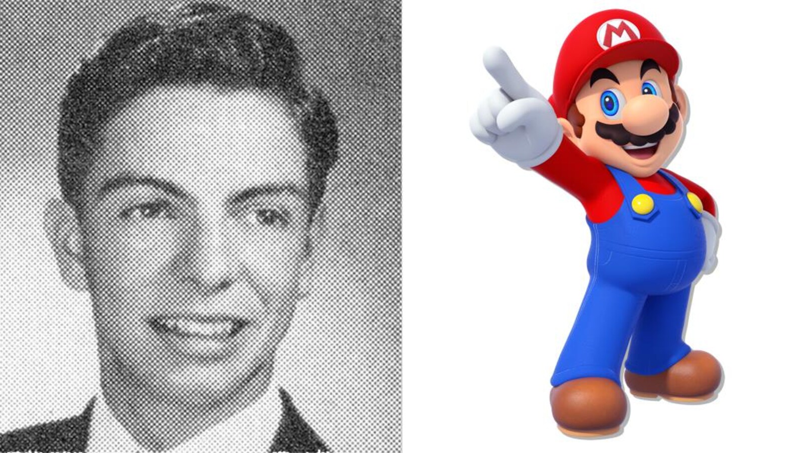 Un montage montrant une photo d'archive de Mario Arnold Segale à gauche et une image de Super Mario à droite.