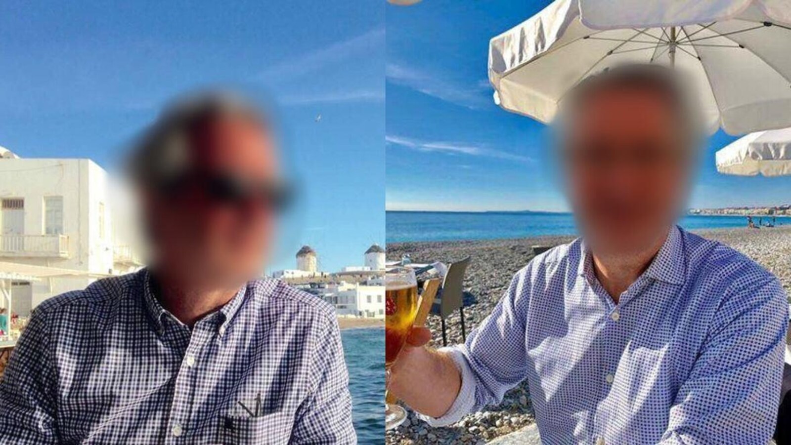 Photos d'un homme au restaurant, sur la plage. Son visage est flouté. Il porte des chemises à carreaux bleues.