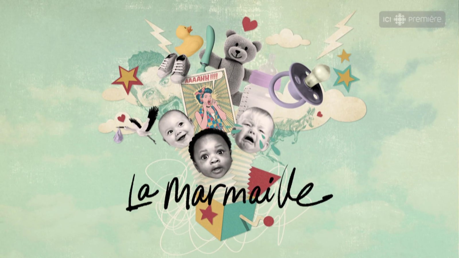 Page titre du balado, la marmaille. Graphique représentant des bébés et des accessoires qui sortent d'une boite à surprise.