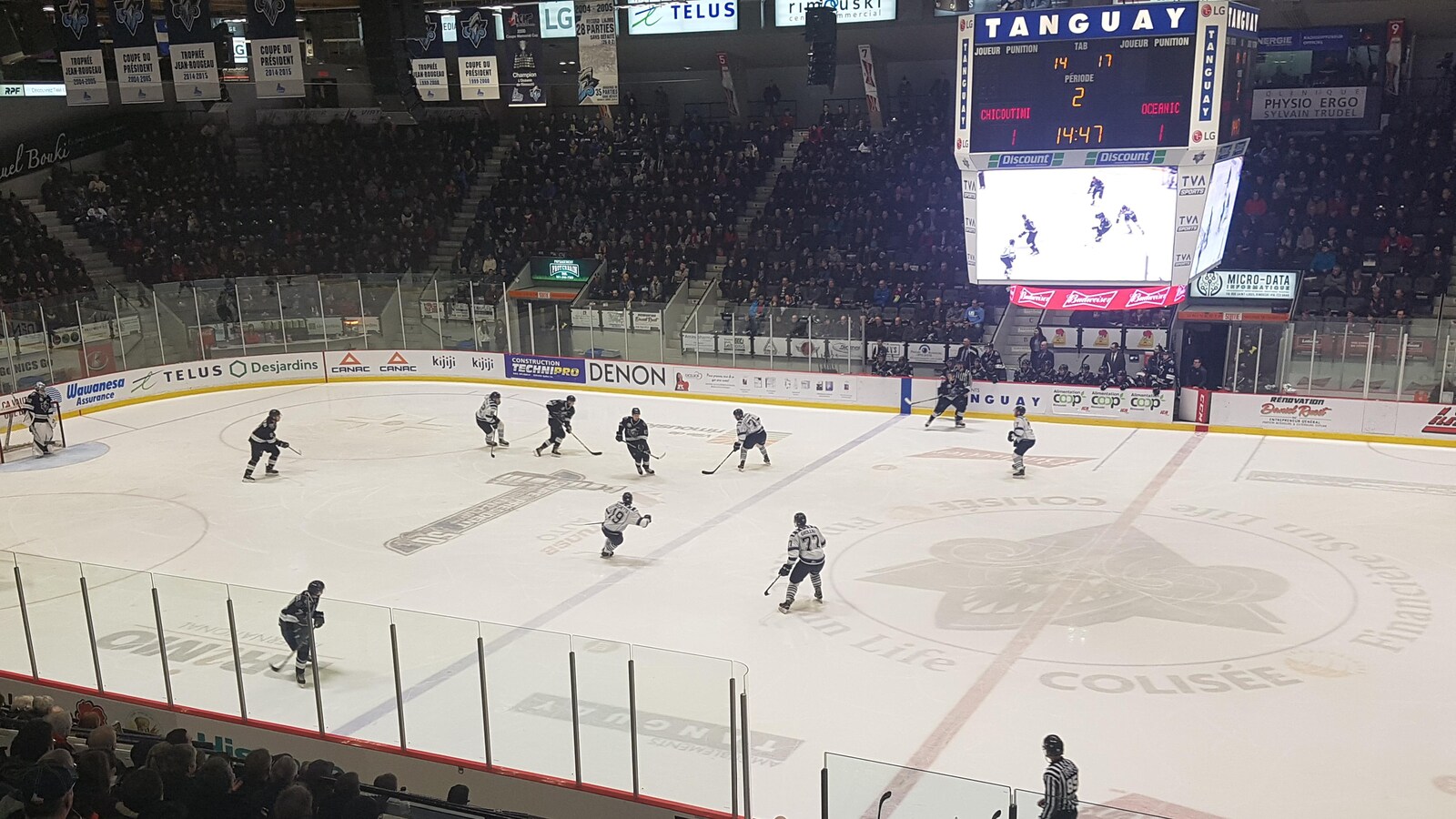 Des centaines de partisans regardent des joueurs en action sur la patinoire.