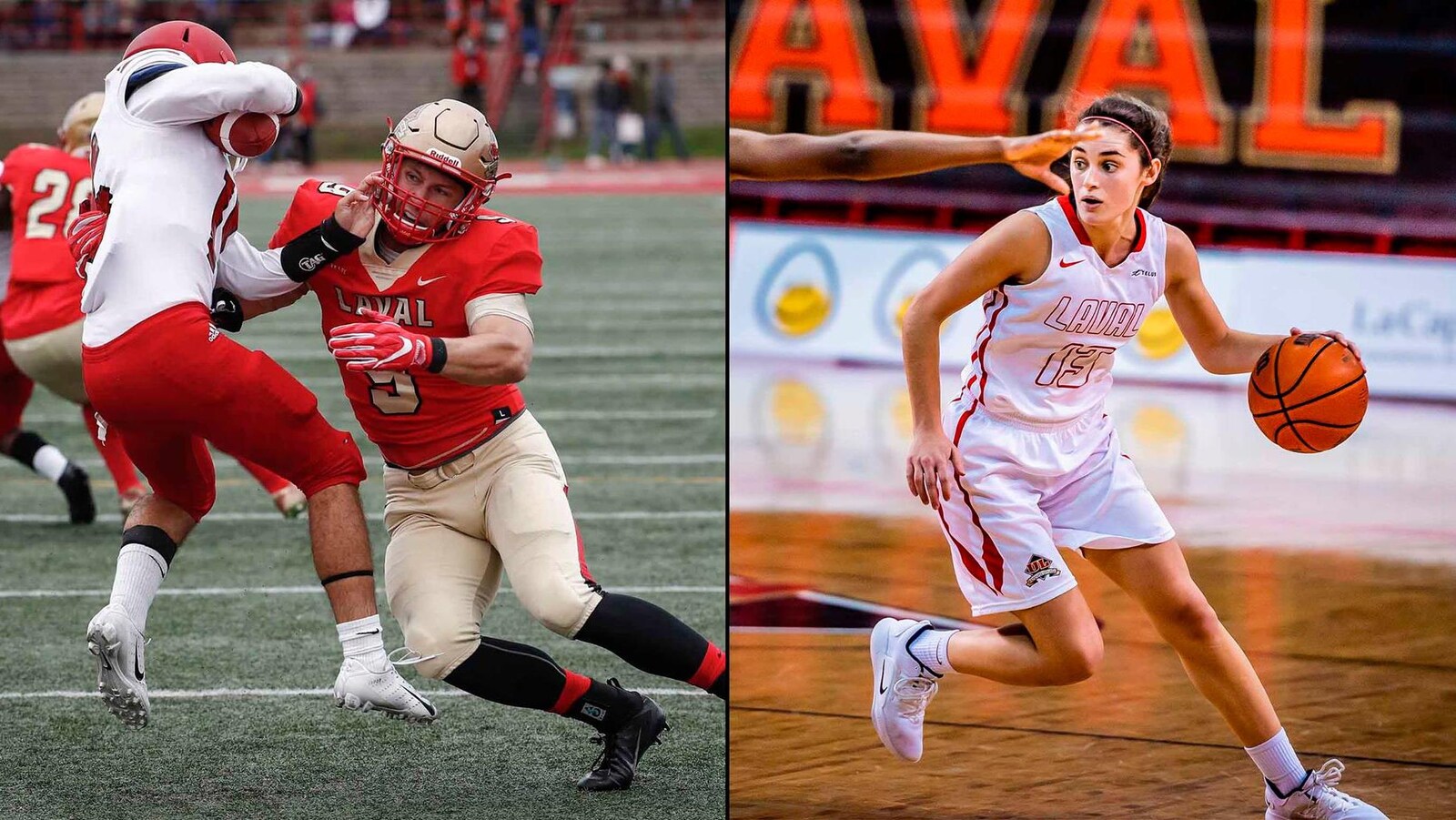 Montage de deux photos. Mathieu Betts effectue un plaqué, Sarah-Jane Marois dribble avec un ballon.