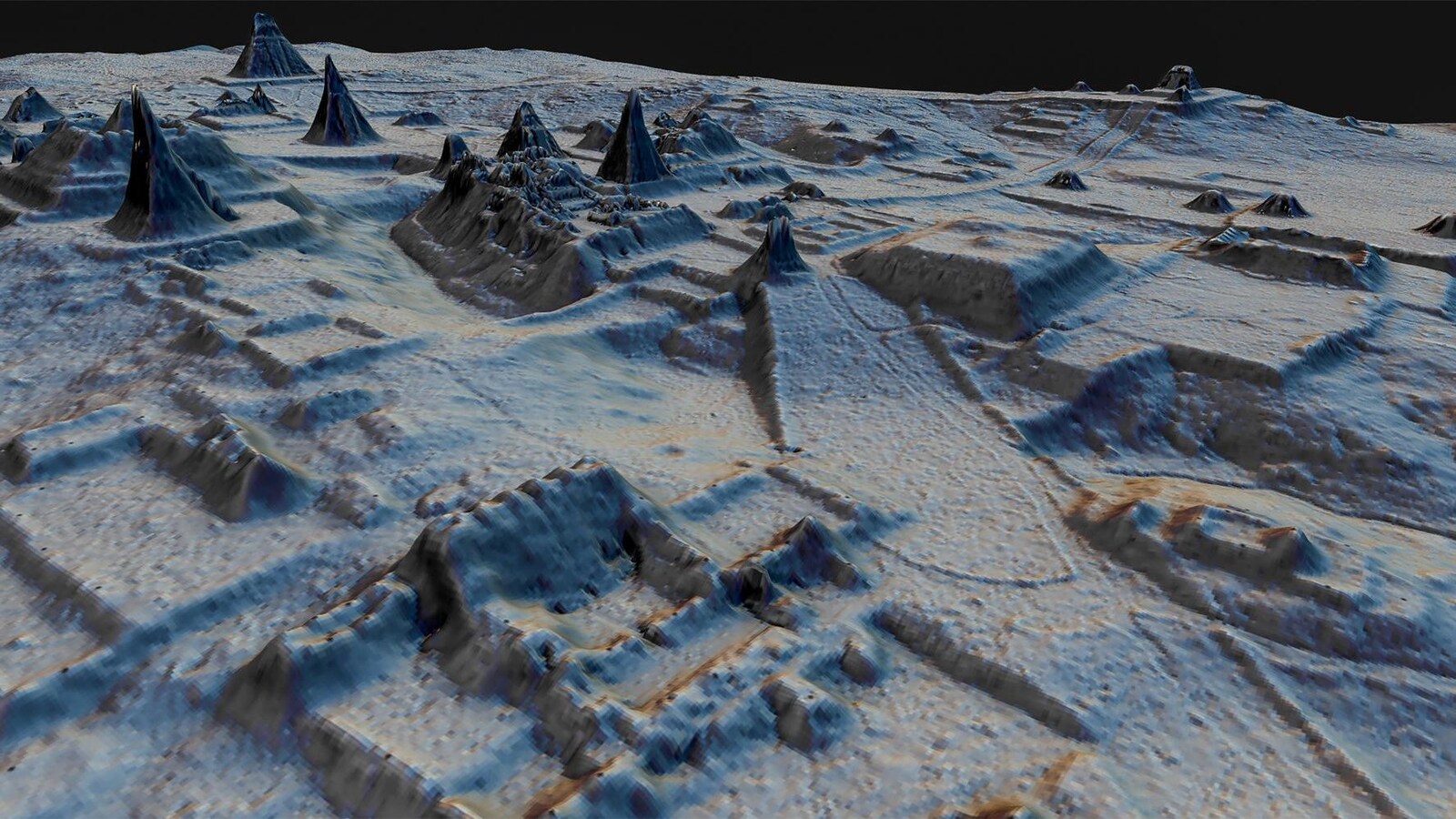 On voit en trois dimensions des traces de constructions (maisons, forts, temples) de différentes formes.
