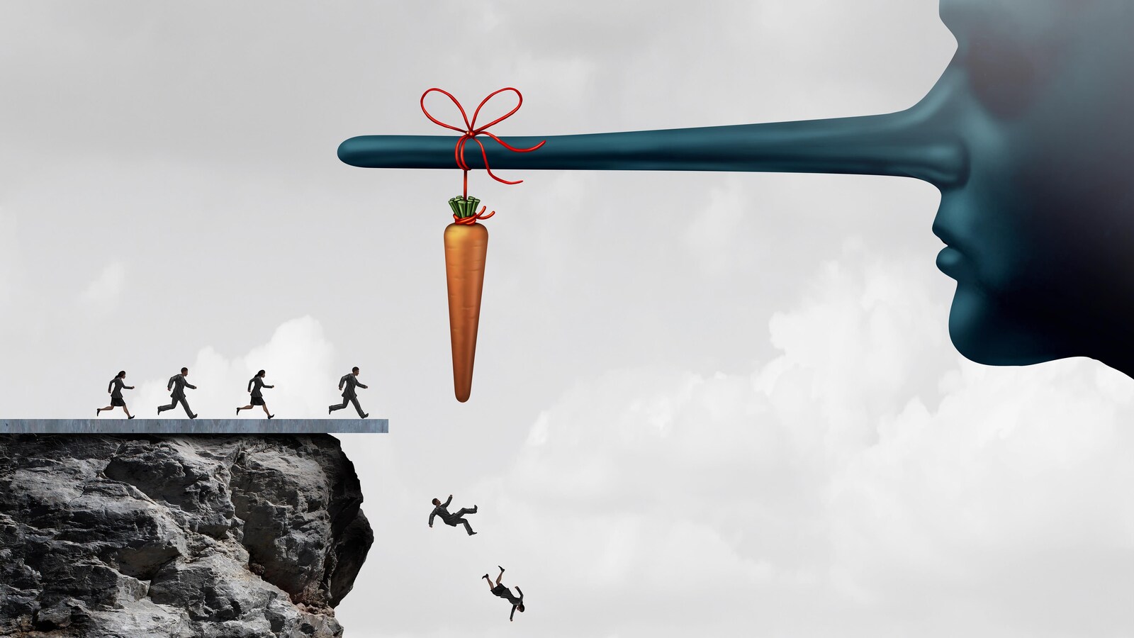 Un visage avec un long nez tel Pinocchio auquel est pendu une carotte plane à droite de l'image. Des personnes courent pour attraper la carotte, mais ce faisant elles tombent en bas d'une falaise.