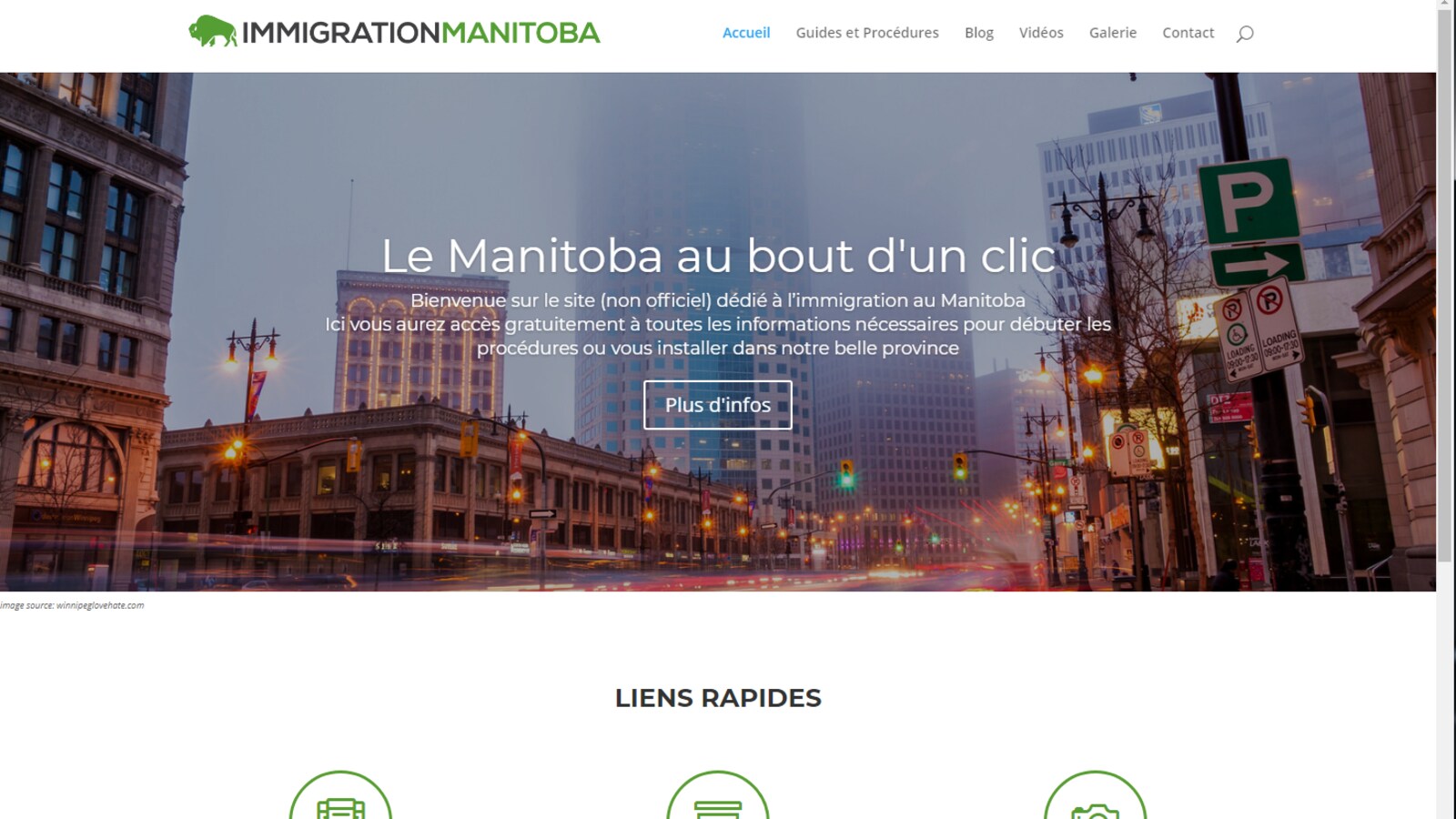 capture d'écran du site internet avec une photo qui montre le centre-ville de Winnipeg