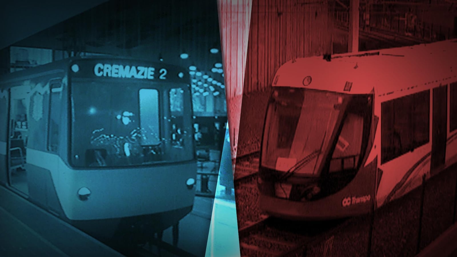 Un montage photo présente le métro de Montréal à l'époque de son inauguration et le train léger d'Ottawa.