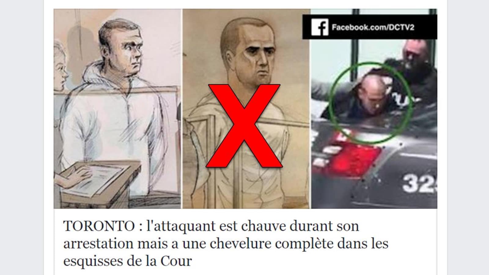 On voit deux dessins d'Alek Minassian, ainsi qu'une photo de son arrestation. «TORONTO: l'attaquant est chauve durant son arrestation mais a une chevelure complète dans les esquisses de la cour», peut-on lire.