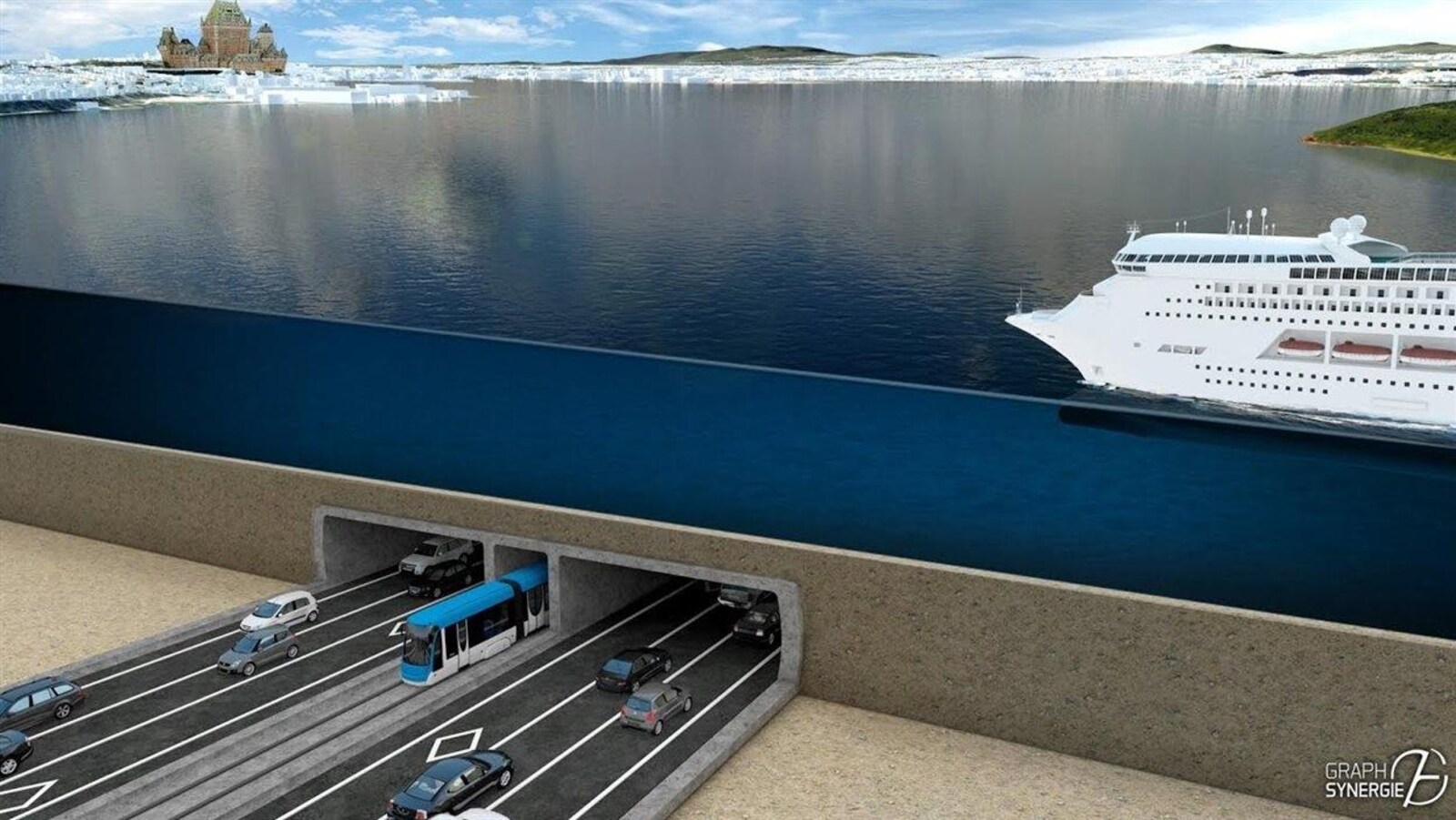 Une projection du tunnel entre Lévis et Québec