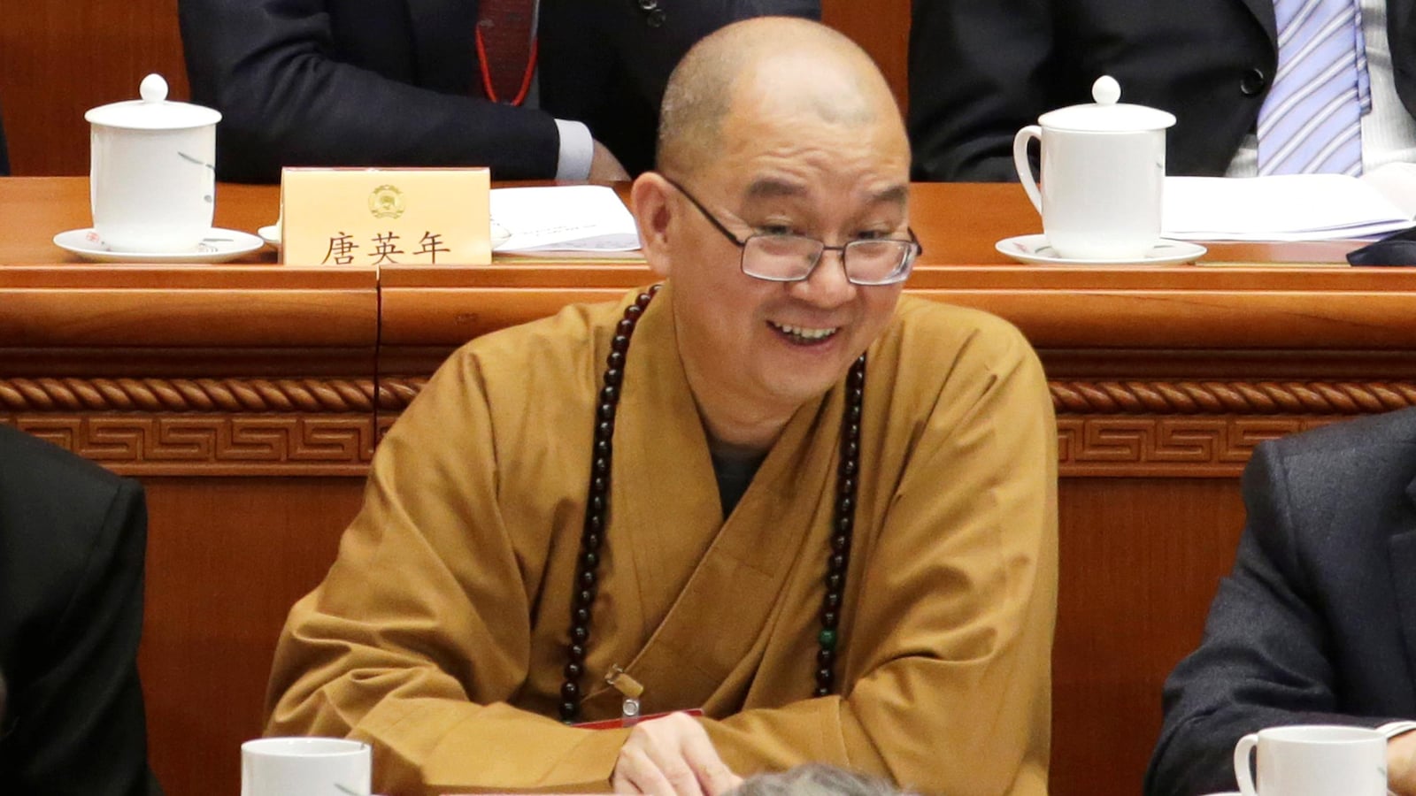 Le moine chinois Xuecheng, qui assistait à une conférence sur cette photo de mars 2016, est accusé par les autorités de harcèlement sexuel.