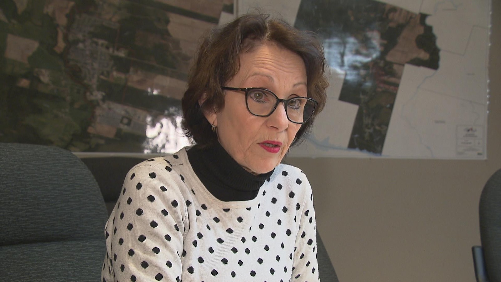 Une femme dans la cinquantaine accorde une entrevue à Radio-Canada. Elle porte un chandail à pois.