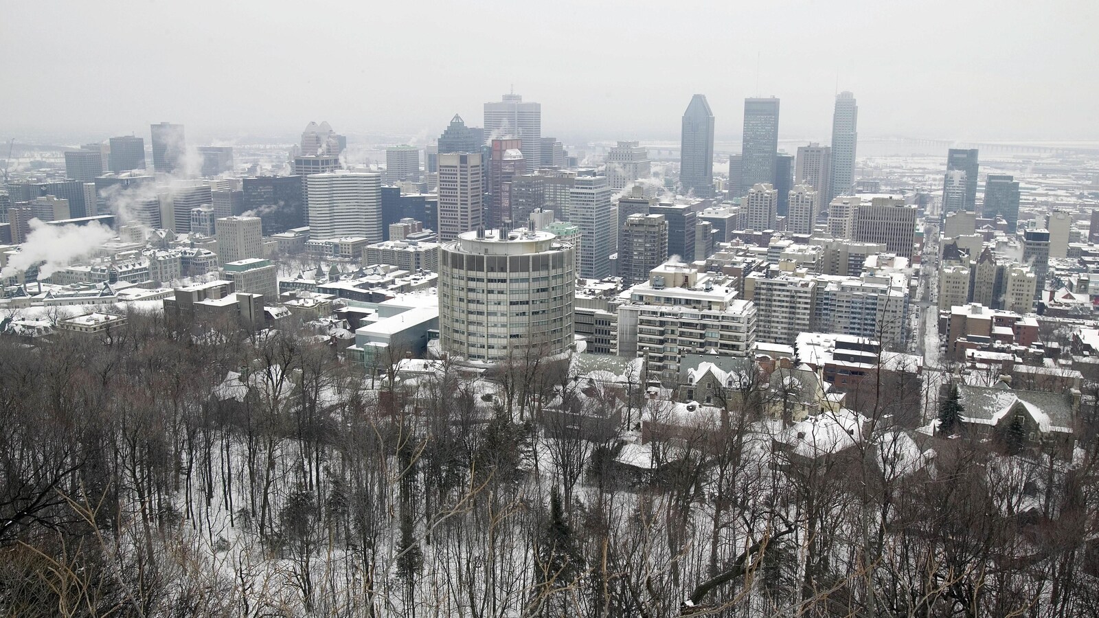 Le centre-ville de Montréal, tel que vu du haut du mont Royal, l'hiver.