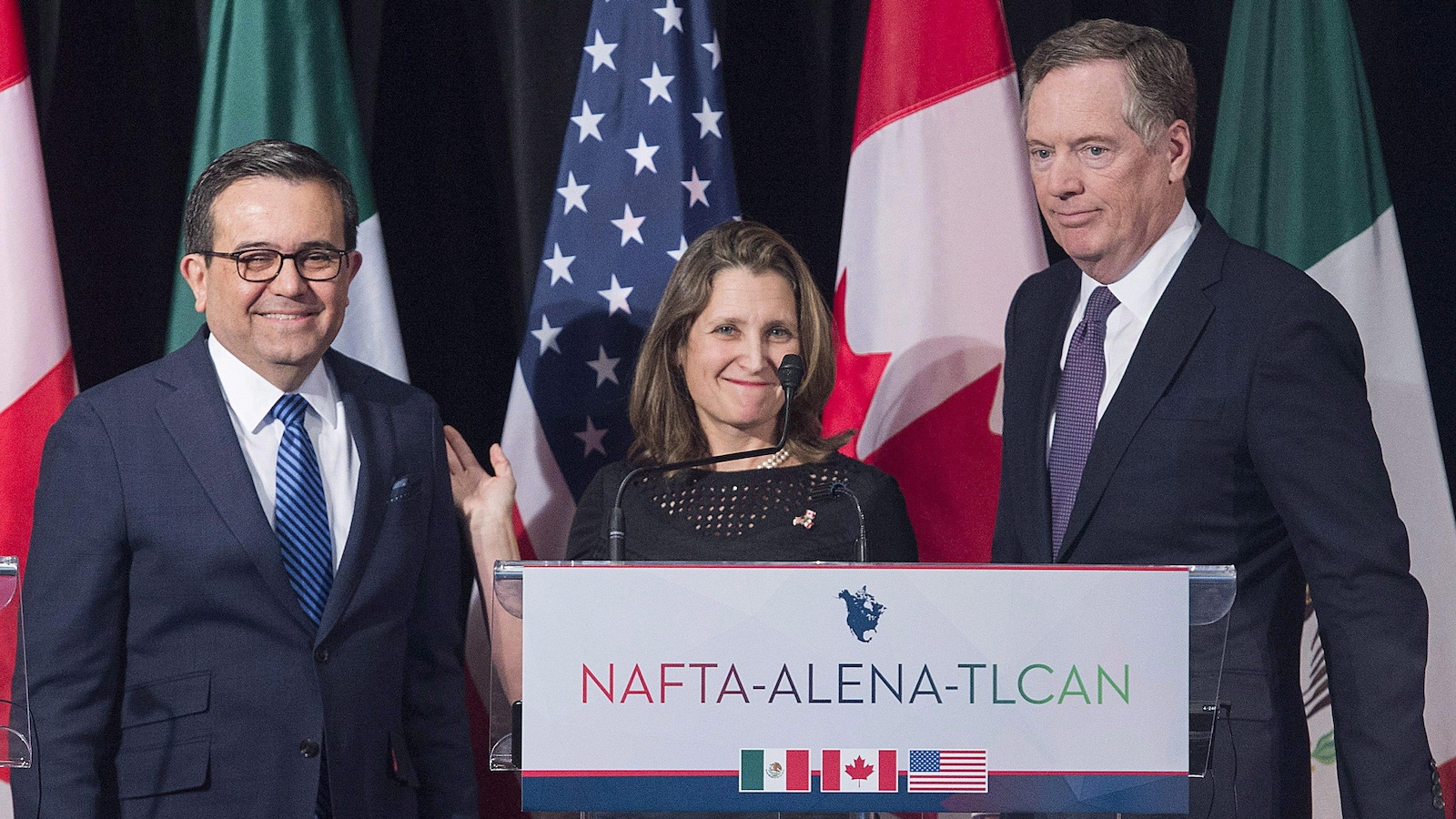 Les responsables de la renégociation de l'ALENA pour le Mexique, le Canada et les États-Unis : Ildefonso Guajardo, Chrystia Freeland et Robert Lighthizer