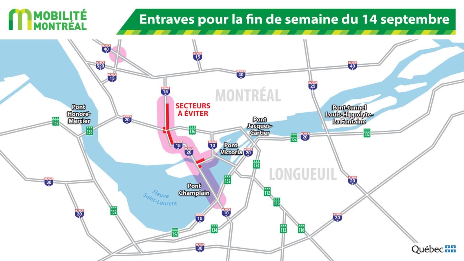 Carte des zones en travaux pendant le week-end du 14 septembre.