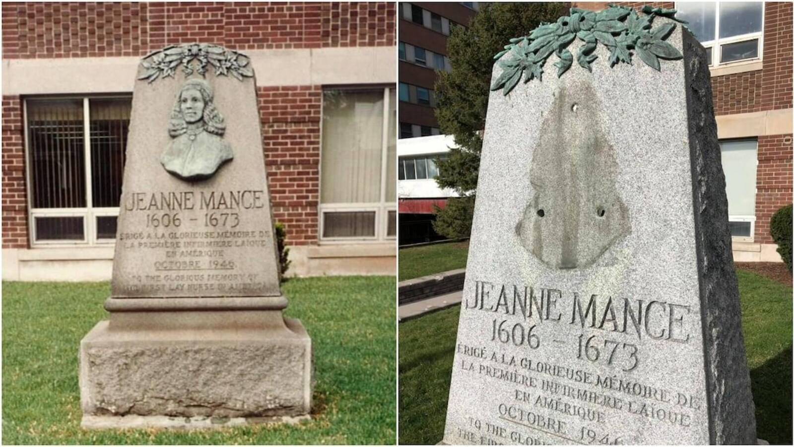 Deux photos montrent une stèle. À gauche, un buste-médaillon représente Jeanne Mance, à droite le buste a disparu.