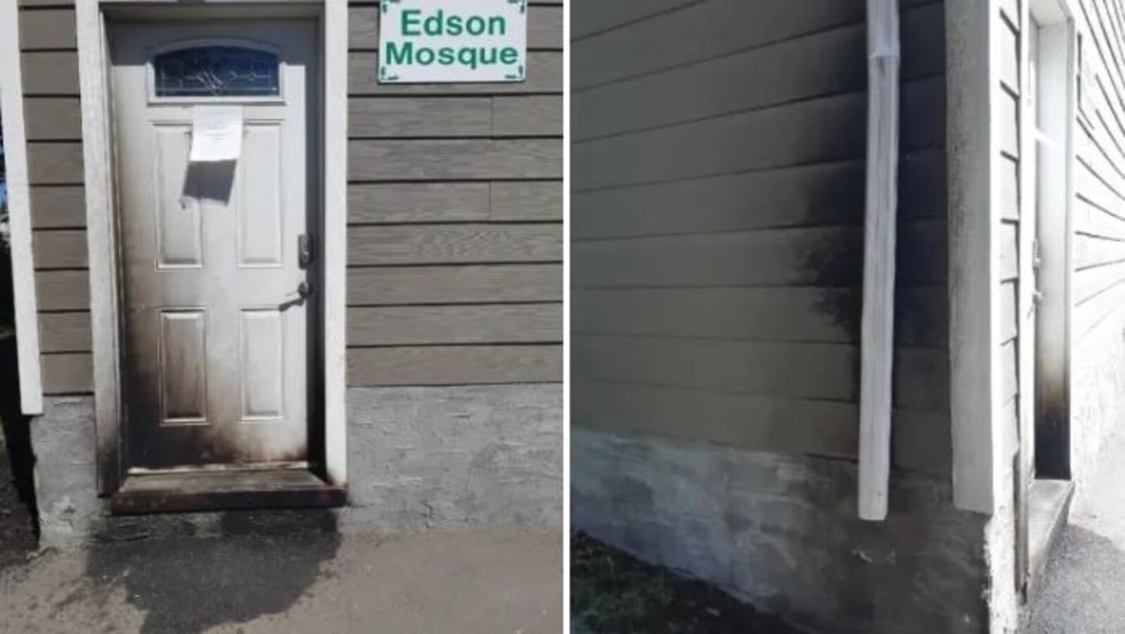 Les flammes ont endommagé la porte d'entrée et quelques revêtements de la mosquée d'Edson, en Alberta.