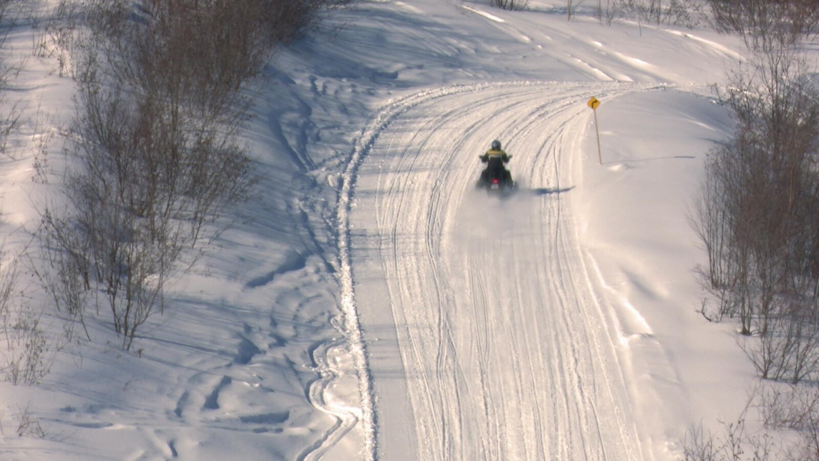 Un motoneigiste dans un sentier balisé de la Gaspésie