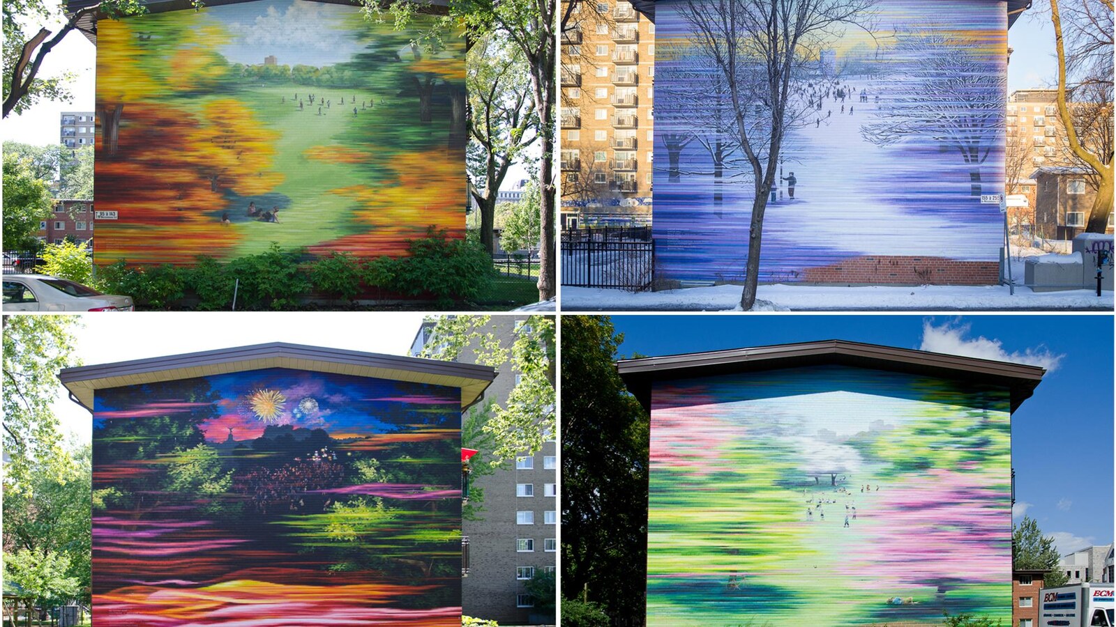 On voit quatre murs de quatre édifices avec des murales représentant quatre saisons.