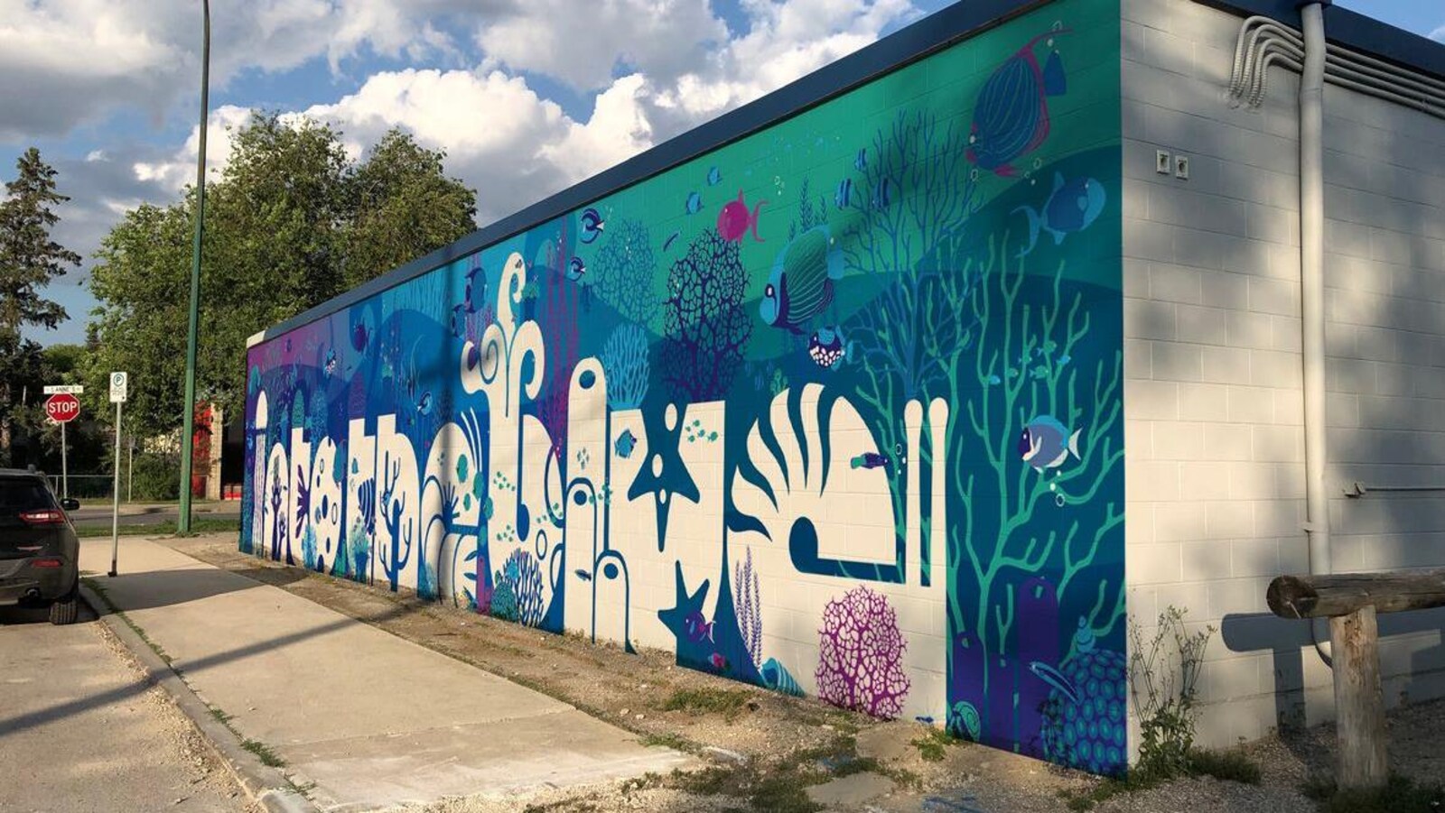 Une murale à motif aquatique peinte sur un mur à Winnipeg.