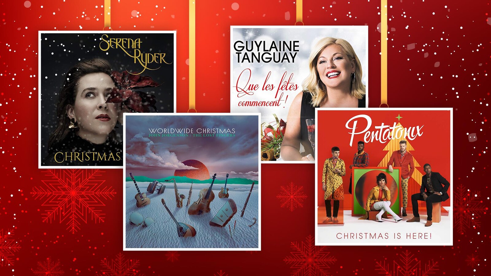 Sur fond festif, les 4 pochettes des disques s'affichent comme des décorations d'arbre de Noël.