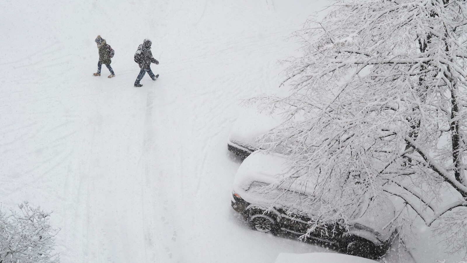 Des piétons devant des voitures enneigées pendant une tempête de neige.