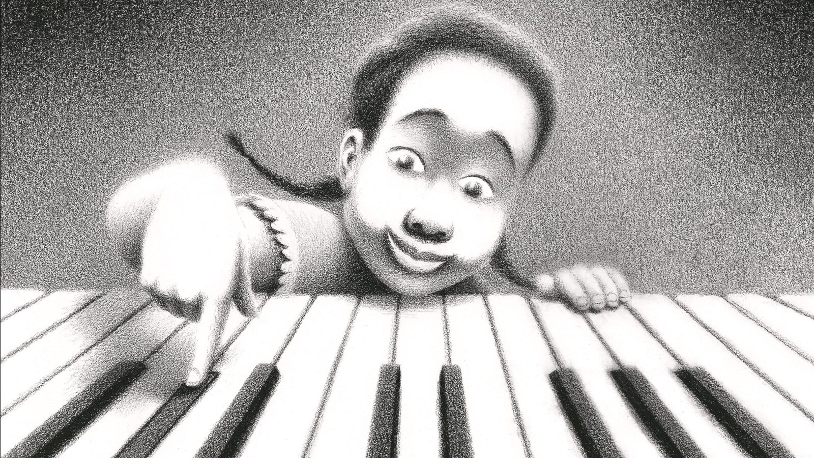 Sur la couverture du livre <i>Nina<i> d'Alice Brière-Haquet et de Bruno Liance une illustration en noir et blanc représente une petite fille noire qui appuie sur les touches d'un piano avec un doigt.
