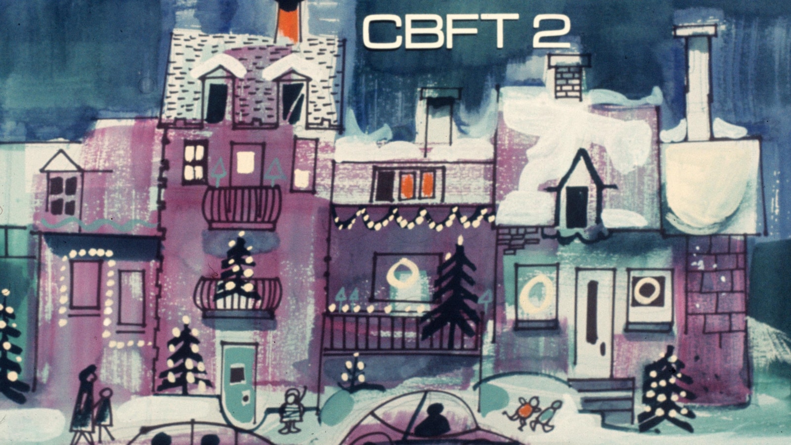 Dessin en couleur d'une rue avec des maisons décorées pour Noël, des voitures qui circulent et des enfants qui y jouent.