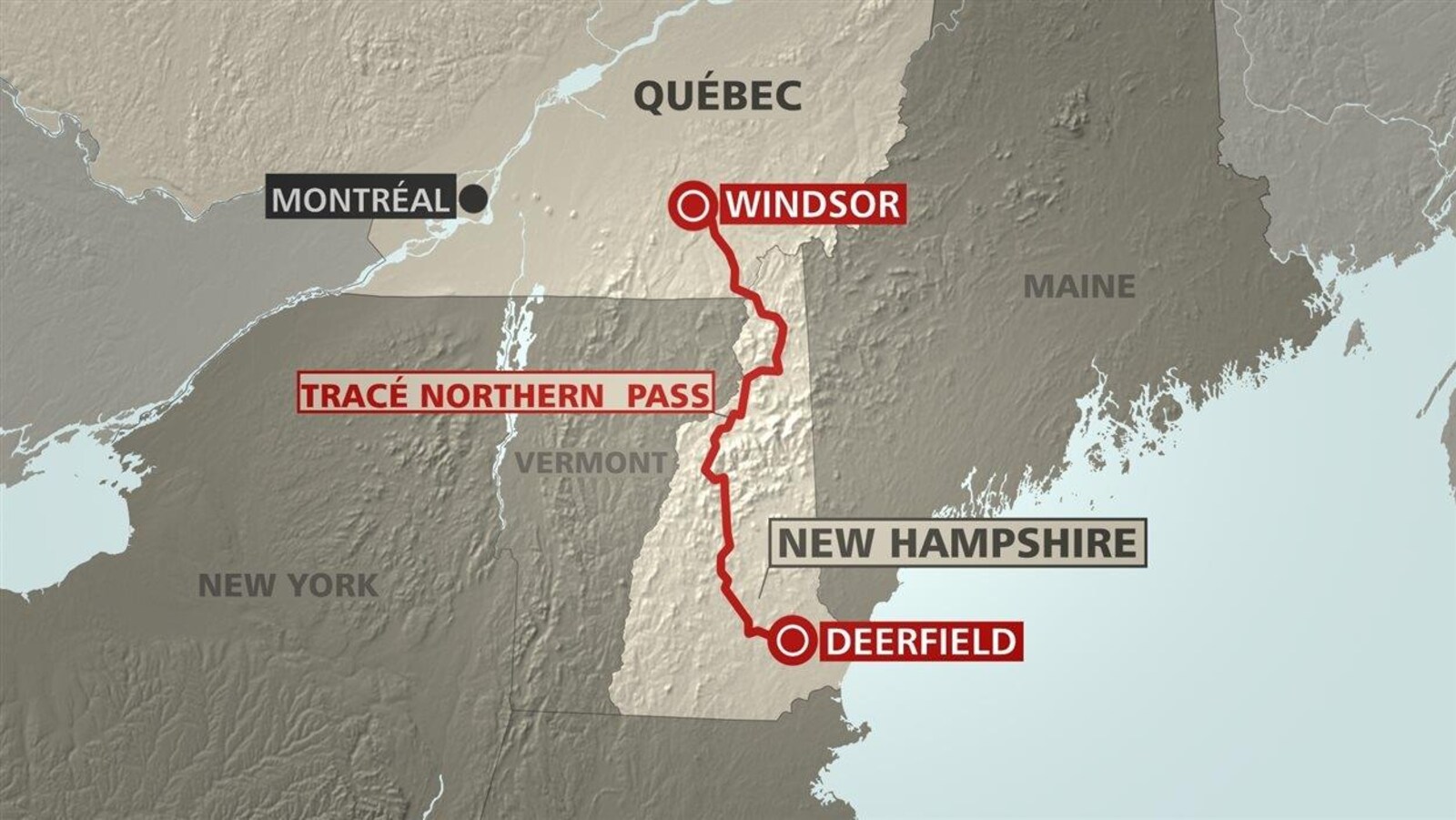 Le tracé Northern Pass, qui part de Windsor, au Québec, pour se rendre jusqu'à Deefield, au New Hampshire.