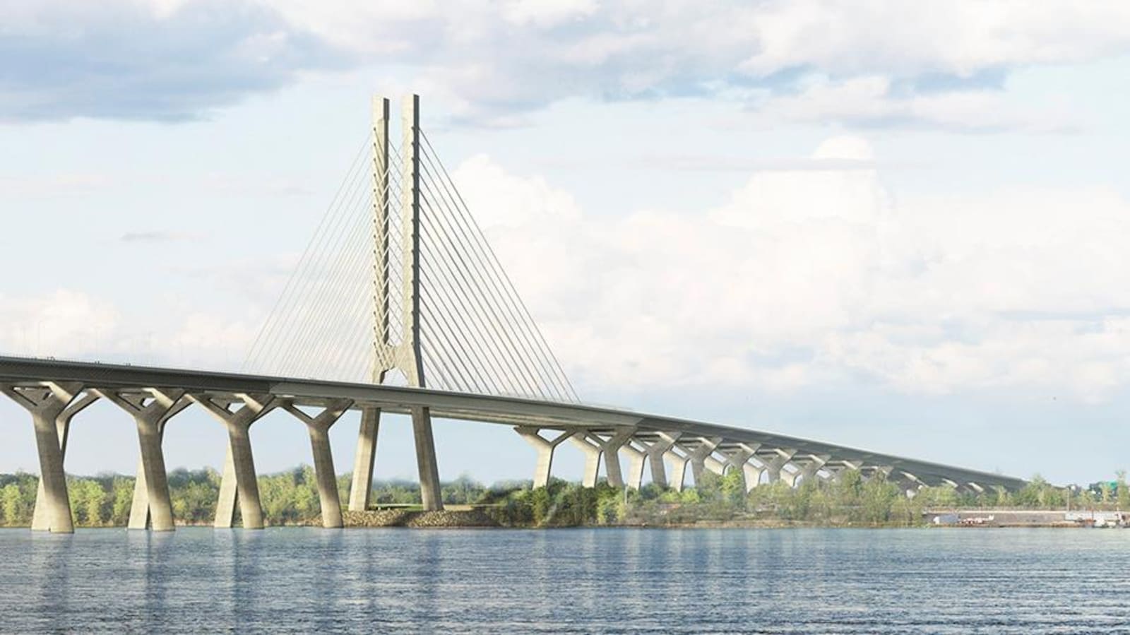 Aperçu de ce dont aurait l'air le nouveau pont Champlain. La structure est épurée et comprend un seul pilier, à mi-chemin.
