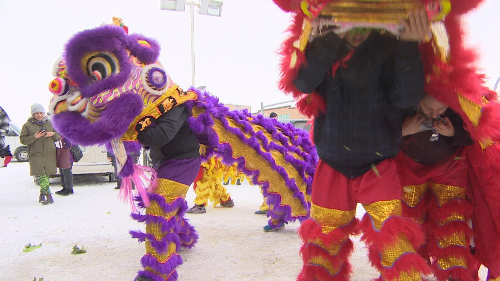 Des danseurs, vêtus de costumes de lion, imitent le gestuel des lions dans un stationnement.