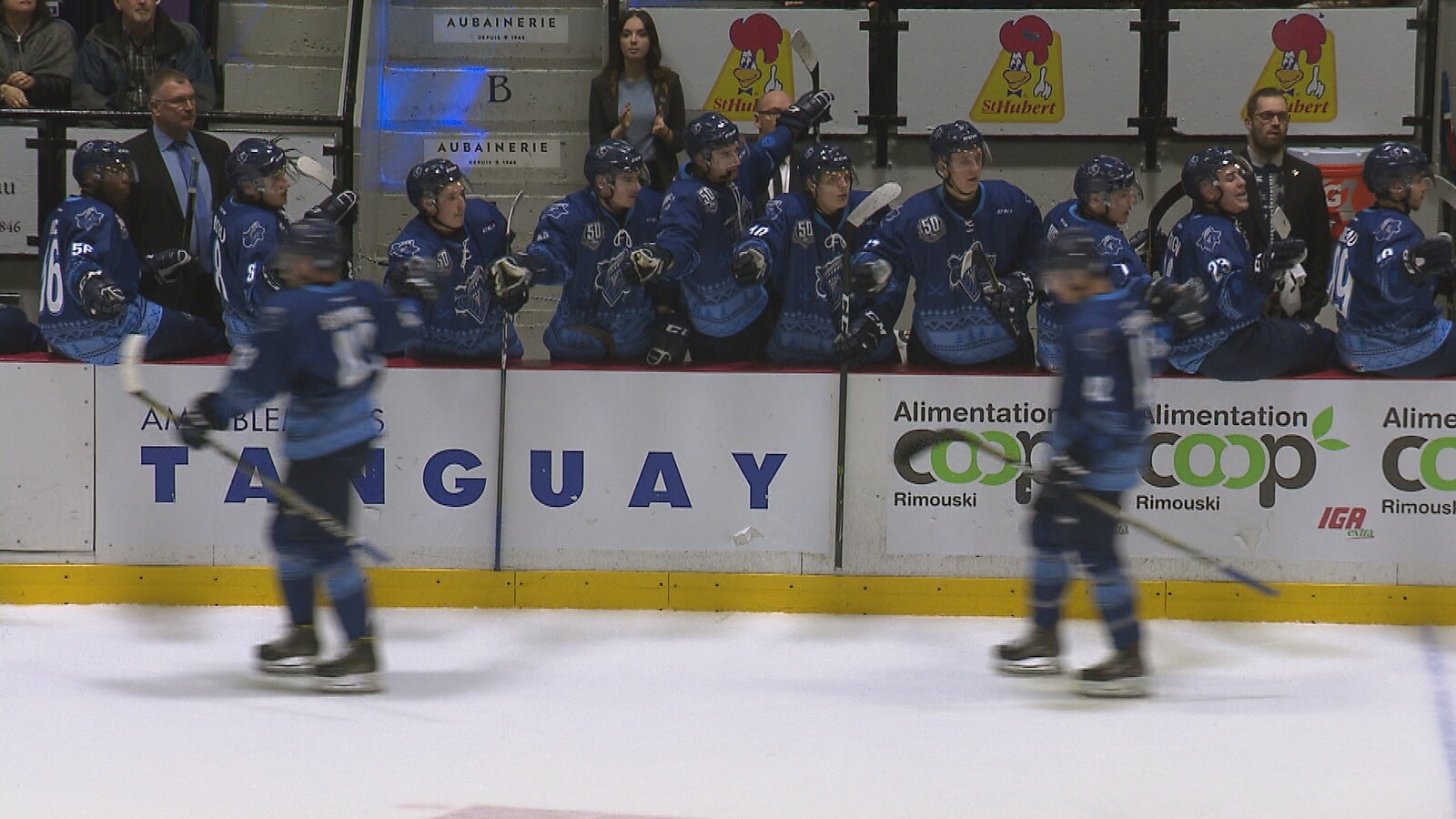 Des hockeyeurs rentrent au banc.