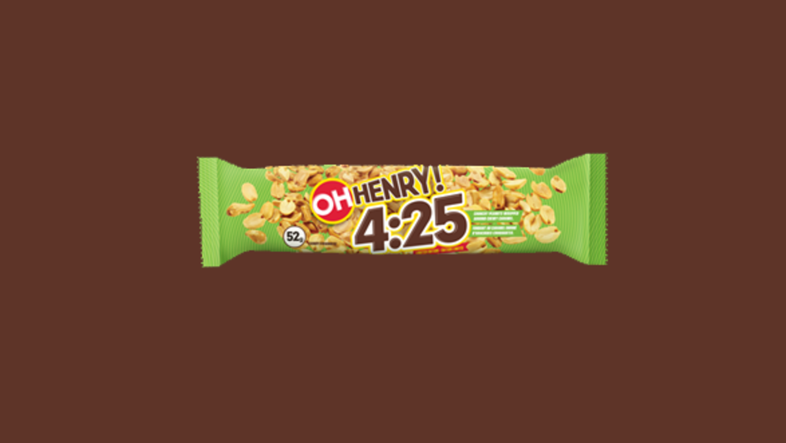 L'emballage de la barre Oh Henry! 4:25 montre des arachides sur un fond vert.