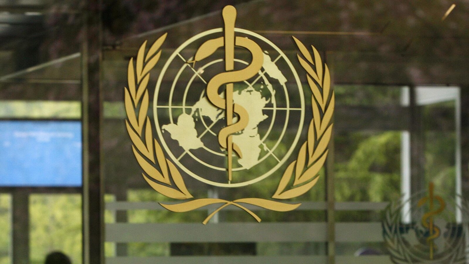 Le logo de l'OMS sur une porte vitrée
