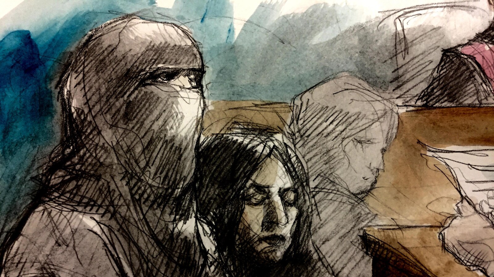 Une illustration judiciaire montre l'accusée, Rehab Dughmosh, assistée d'une interprète en langue arabe durant son procès.