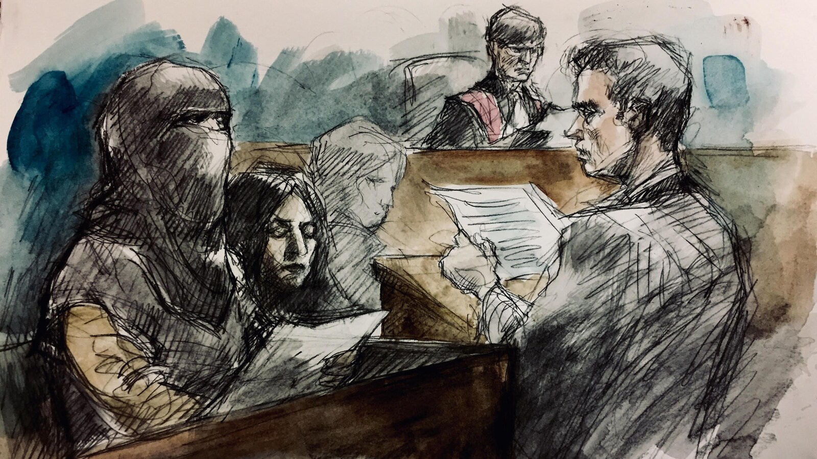 On aperçoit une illustration judiciaire montrant le Procureur fédéral,Jason Wakely, en train de décrire les preuves que la Couronne a retenues contre Rehab Dughmosh.