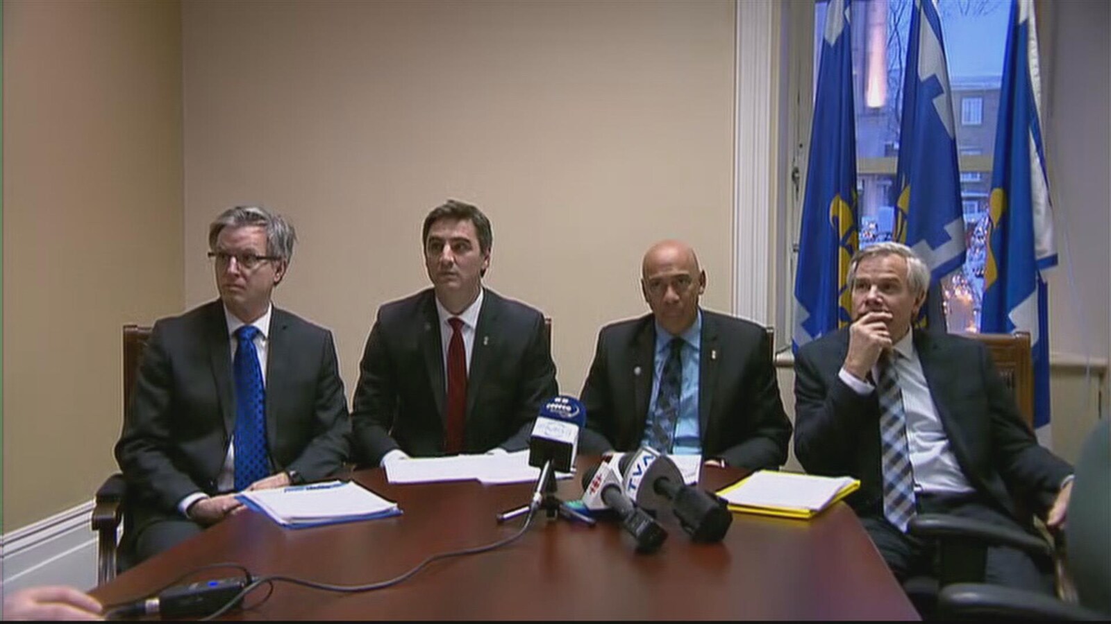 Photo d'archives de Jean Rousseau, de Démocratie Québec, Jean-François Gosselin et Stevens Melançon, de Québec 21, ainsi que Raymond Dion, conseiller indépendant