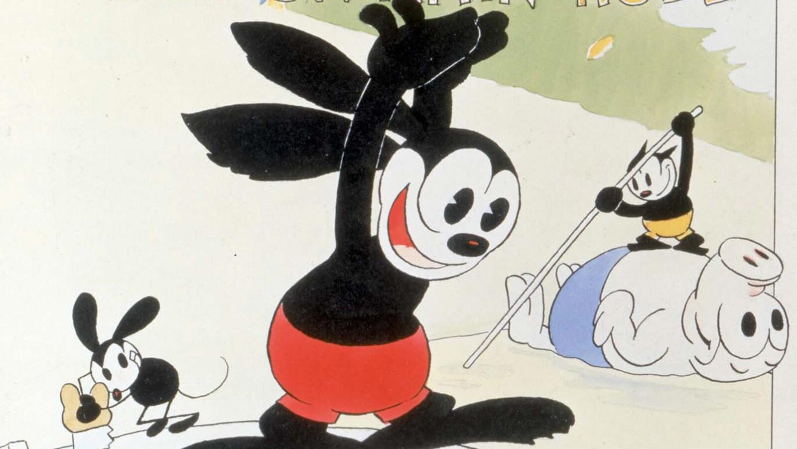 Un dessin où Oswald, personnage créé par Walt Disney, est au bout d'un plongeoir, prêt à sauter dan une piscine.