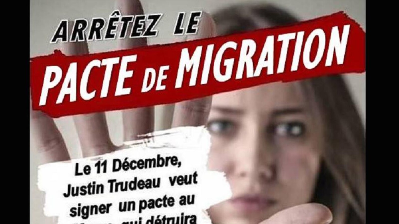 L'image montre une femme et les mots «arrêtez le pacte de migration».