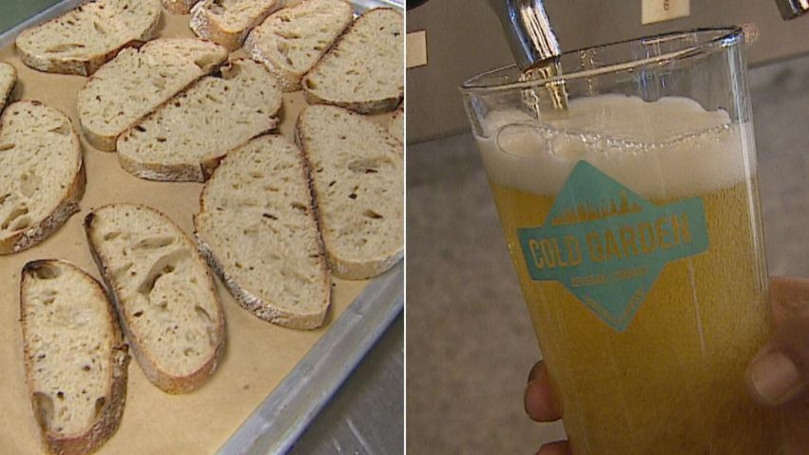 Des tranches de pains et une bière en fut.