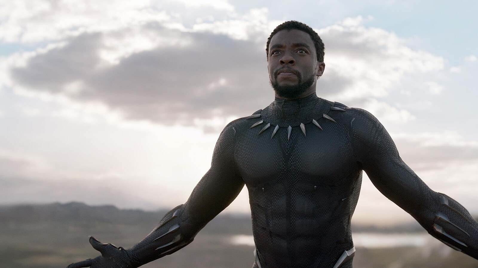 Le personnage de la Panthère noire tend les bras durant une scène du film éponyme.