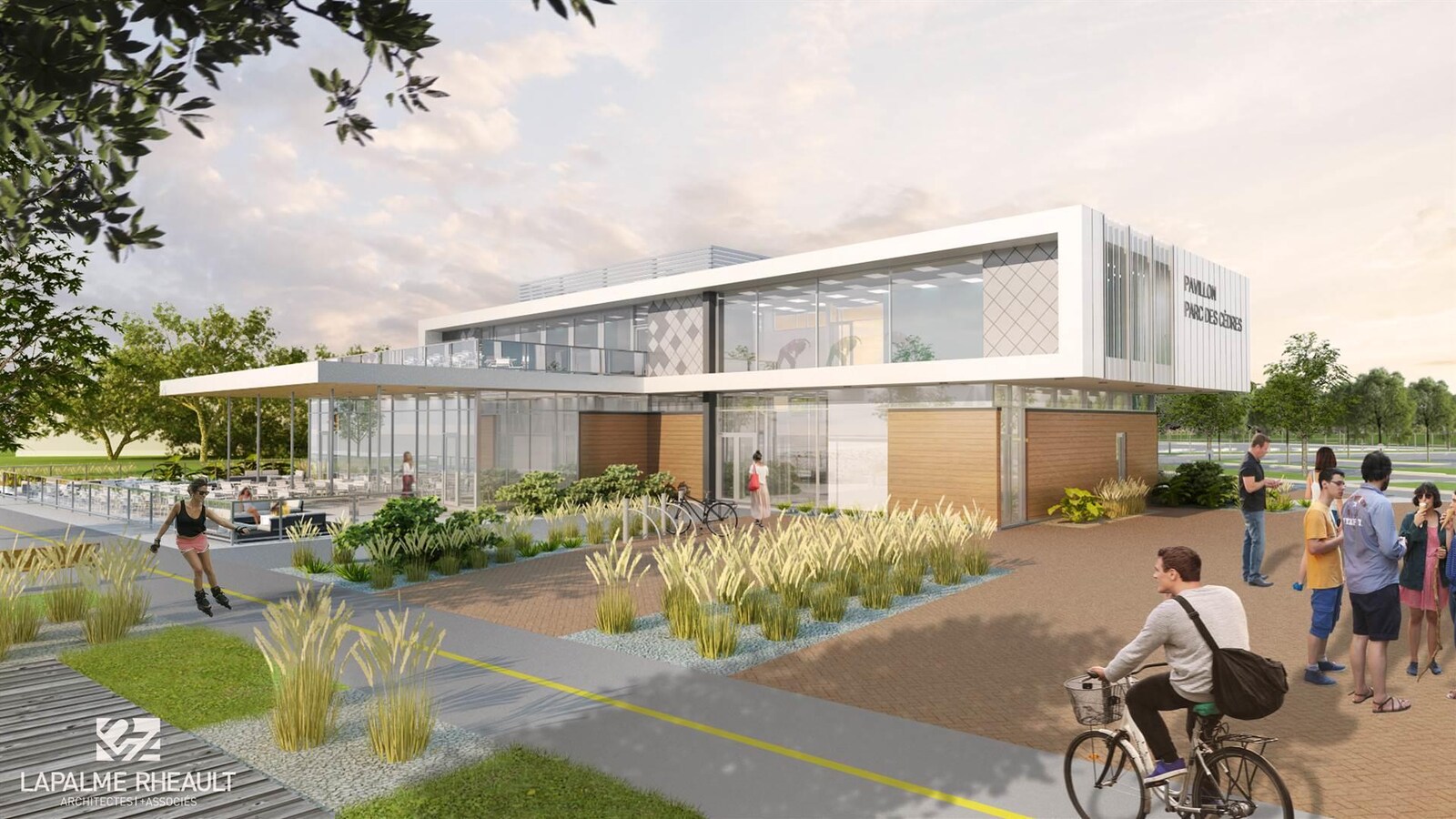 Un dessin qui représente le nouveau pavillon du parc des Cèdres.