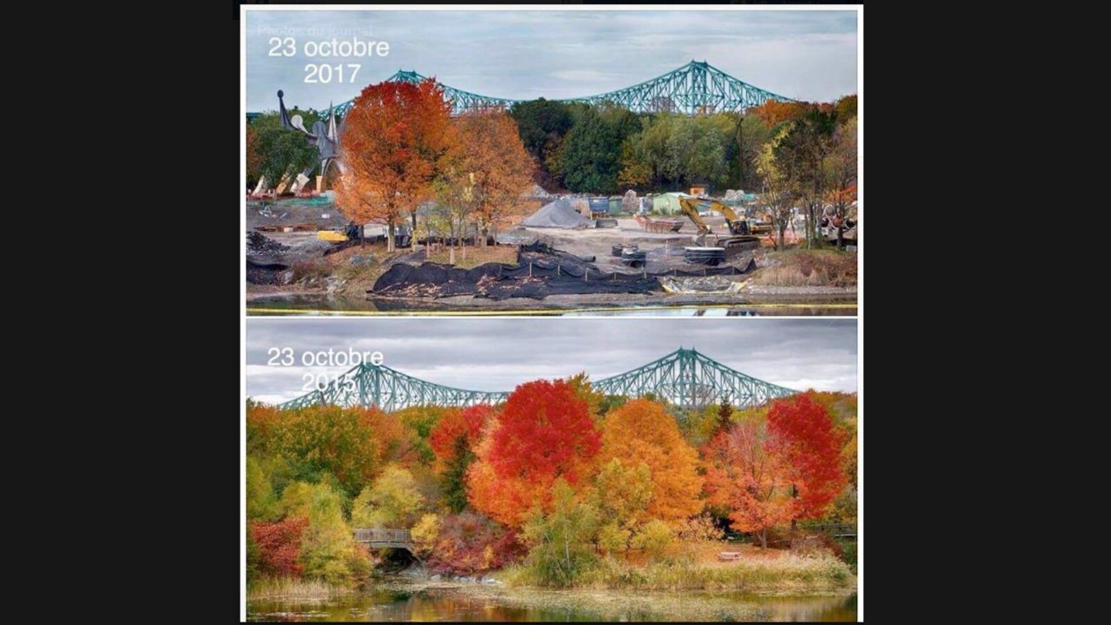 Dans la photo du haut, datée du 23 octobre 2017, on voit qu'il y a beaucoup moins d'arbres que dans la photo du bas, datée du 23 octobre 2015. De plus, il y a plusieurs machines de construction sur le site.
