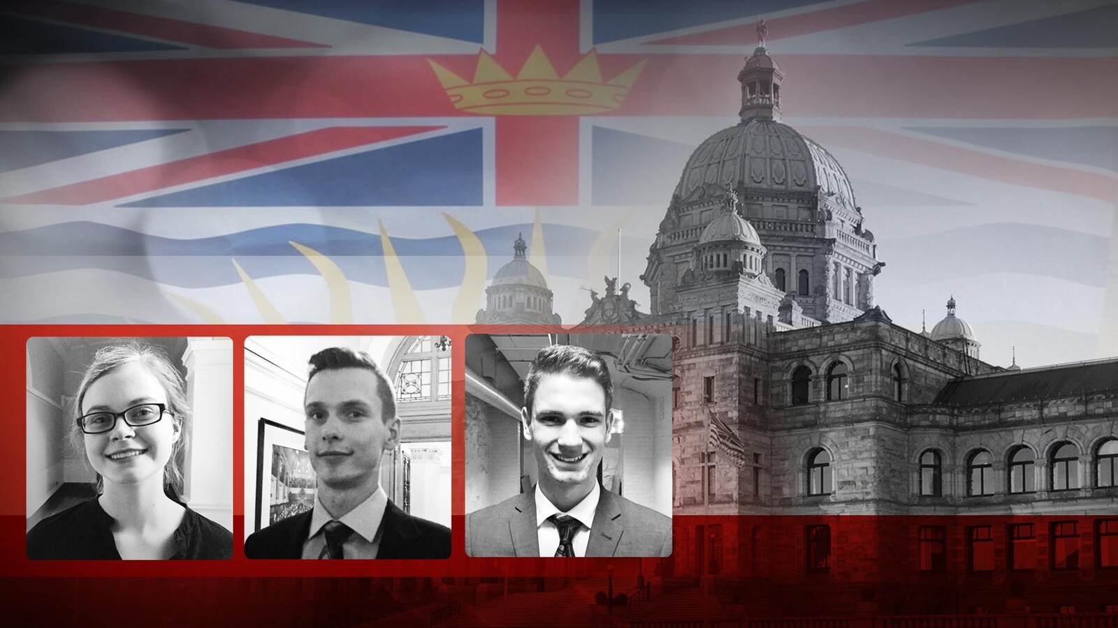 Trois jeunes francophones politisés de la Colombie-Britannique, Emma Dreher, Stéphane Gaudet et Greyden Girouard, devant l'Assemblée législative de Victoria