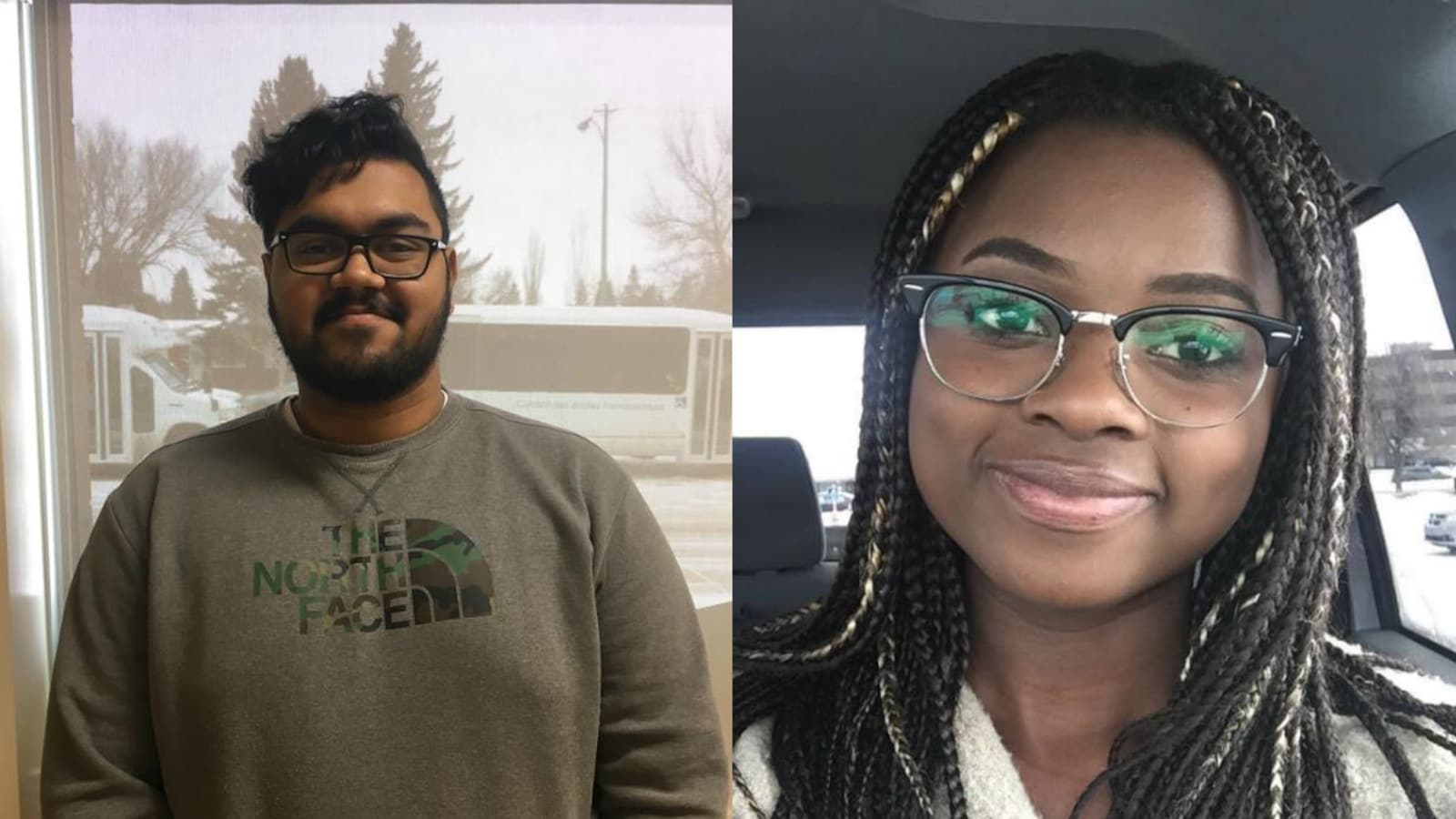 À gauche, un jeune homme souriant avec des lunettes et une barbe, à droite, une jeune femme souriante avec des lunettes et des cheveux tressés.
