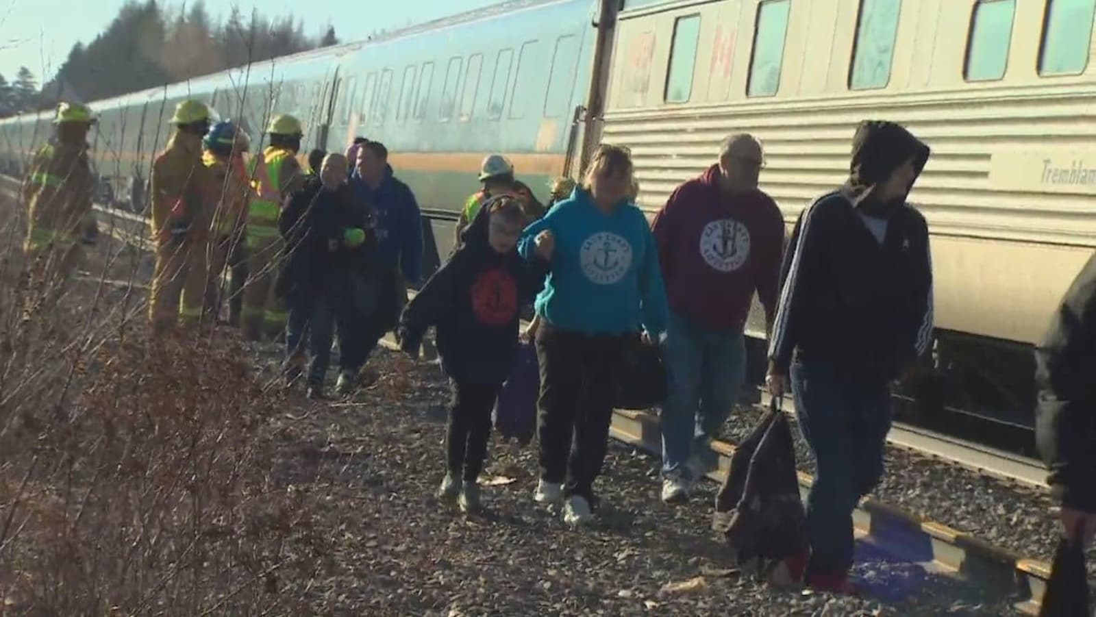Des passagers qui marchent le le long du train de Via Rail avec leurs bagages.