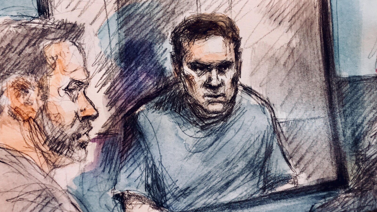 Gros plan d'un dessin fait lors de l'audience de Paul Bernardo.