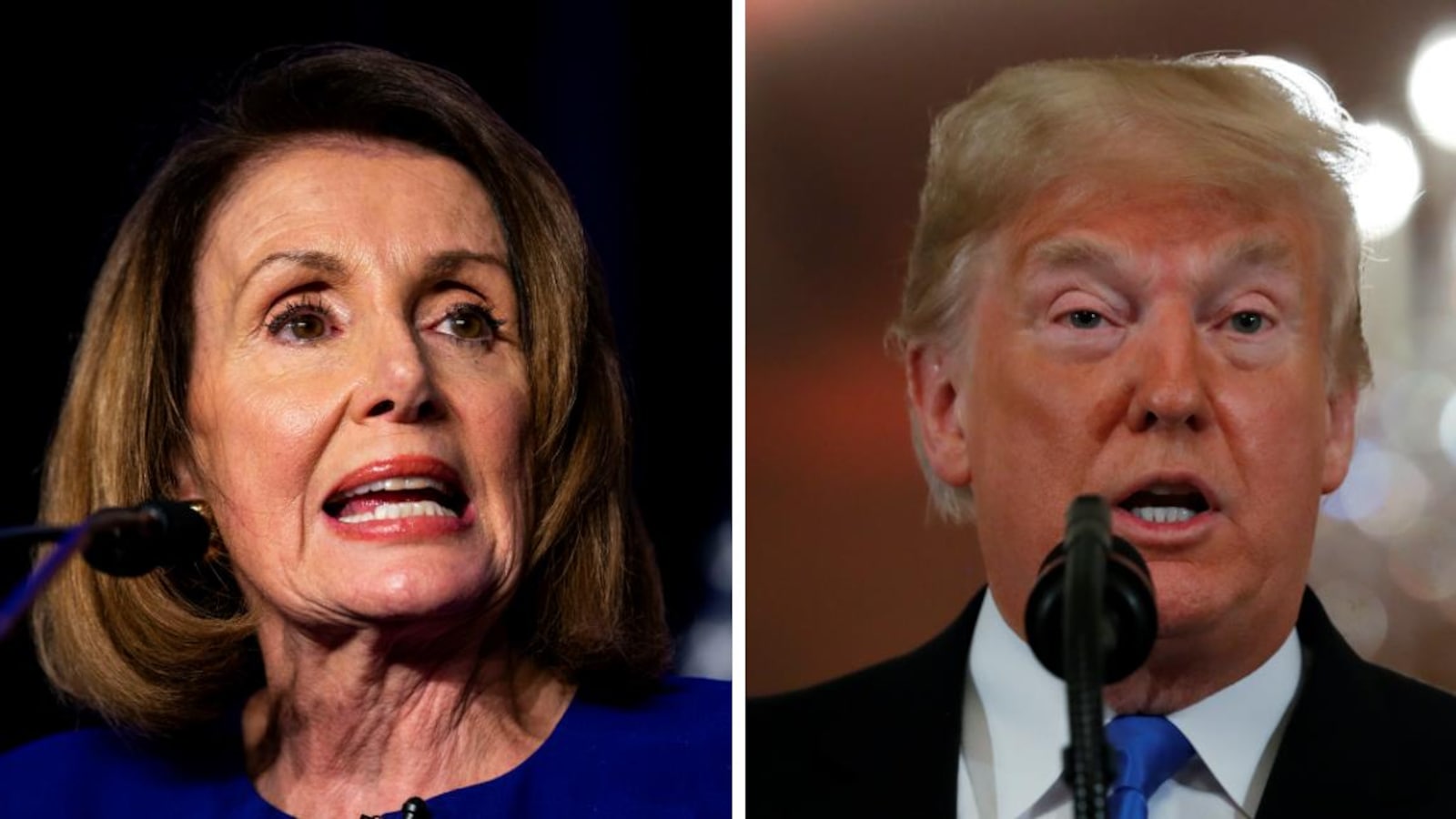 À gauche, la démocrate Nancy Pelosi s'adresse à des militants, tandis qu'à droite Donald Trump répond aux questions des médias lors d'un point de presse.