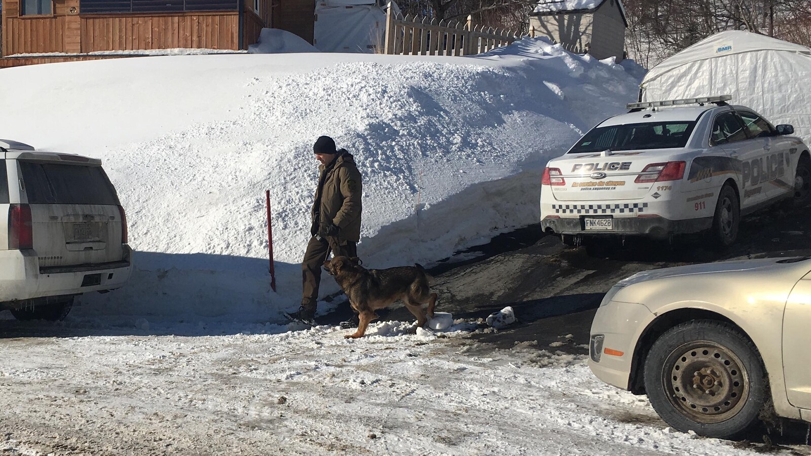 Un policier, accompagné d'un chien pisteur devant une résidence.